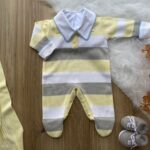 Saída maternidade Tricot bebê menino Bento tricô Amarelo Cinza Branco 2 peças luxo