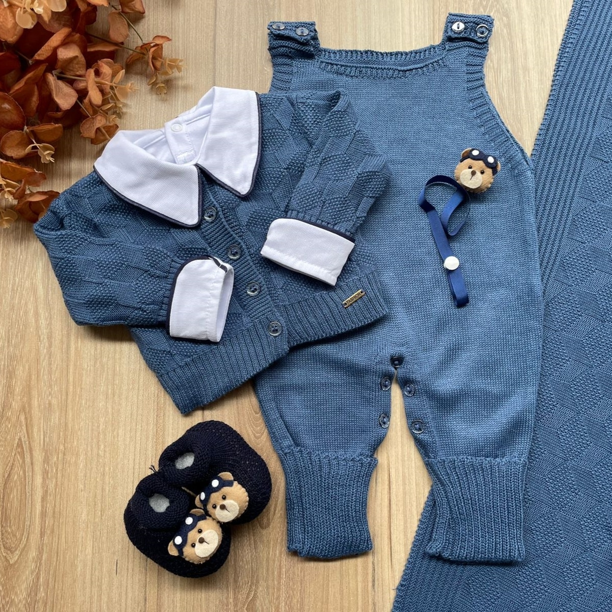 Saída Maternidade Premium Tricot Bebê Menino Miguel Tricô Azul Jeans 3