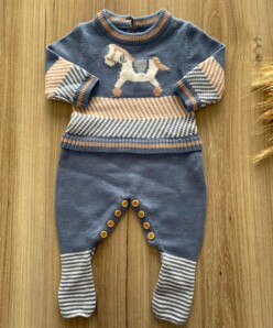 Macacão Infantil Menino Azul Bebê Manga Longa Cavalinho